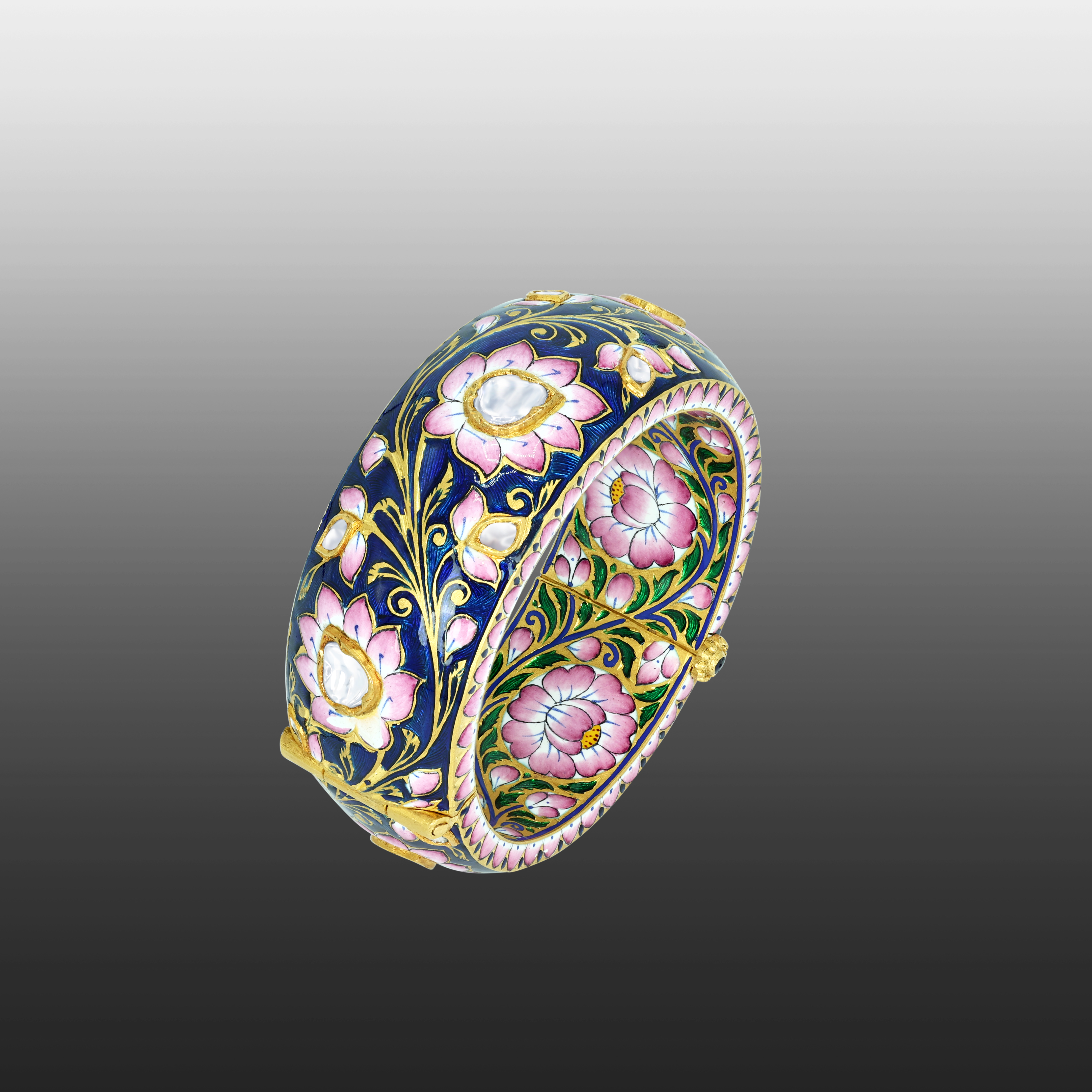 Indigo Bangle with Pink Floral Enamel and Uncut Diamonds